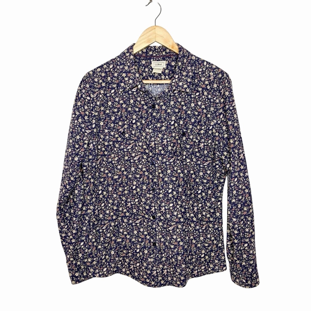 LL Bean Corduroy Floral Bird Button Up Shirt Womens L Cottage Indie Fisherman